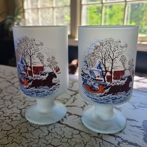 Vintage Frosted Glass Goblets with Winter Scene